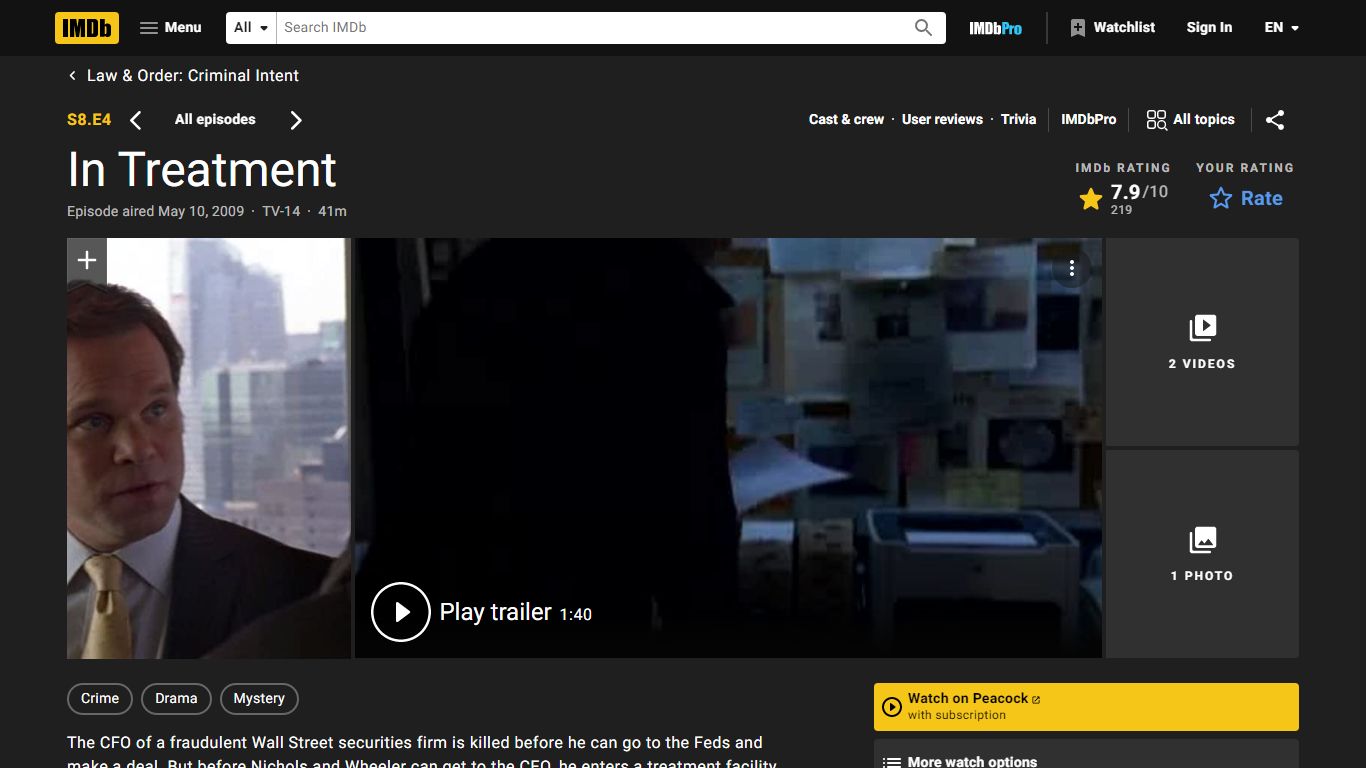 "Law & Order: Criminal Intent" In Treatment (TV Episode 2009) - IMDb